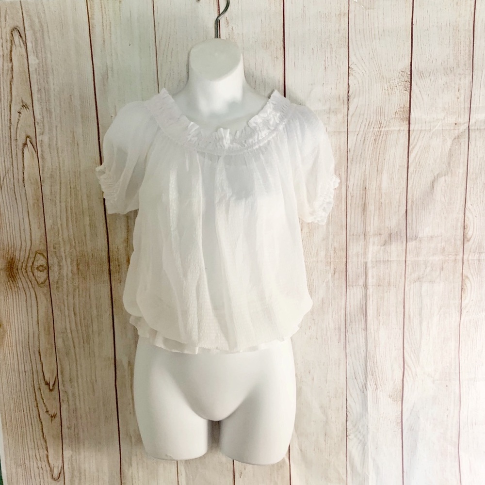 GUESS White sheer Blouse with Elasticized Neckline